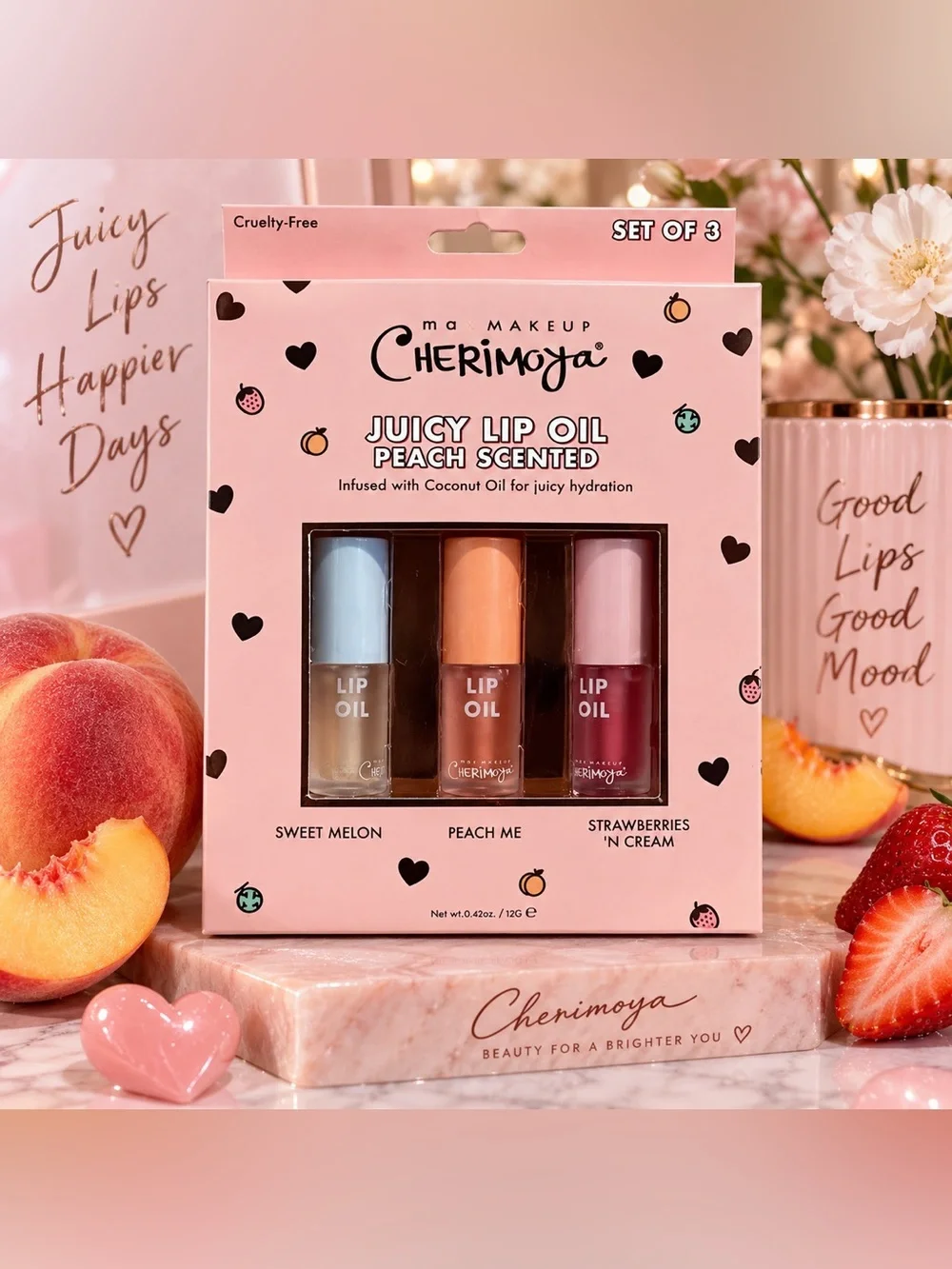 Max Makeup Cherimoya Juicy Lip Oil Set of 3 Peach Scented NEW